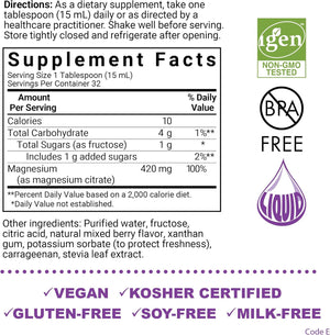 Bluebonnet Nutrition Magnesium Citrate 420 mg - Calm Mind & Body* – Supports Heart, Muscle & Sleep* - Non-GMO, Vegan, Kosher, Gluten-Free, Soy-Free, Milk-Free - 16 FL OZ, Mixed Berry Flavor