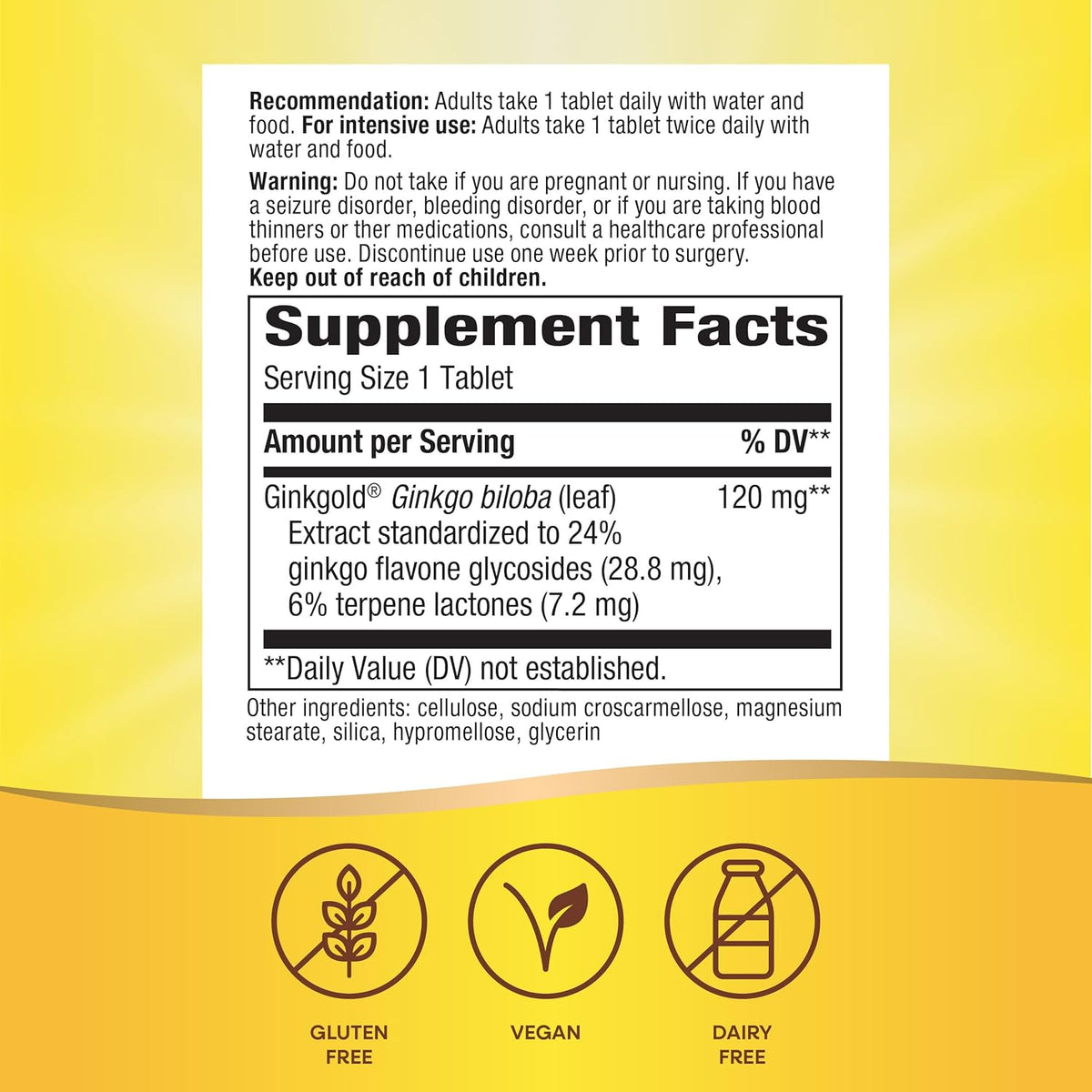 Nature's Way Ginkgold Max Advanced Ginkgo Extract, Supports Memory, Focus, and Concentration, and Cognitive Function*, Gluten free, Vegan, 60 Vegan Tablets