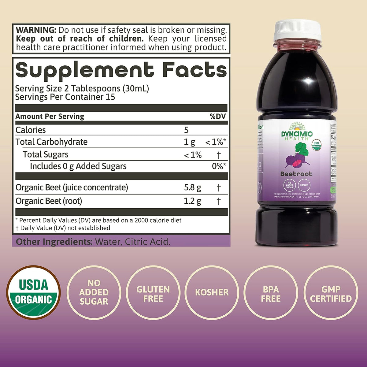 Dynamic Health Certified Organic Beetroot Juice Concentrate, No Added Sugar, Artificial Colors, Preservatives, BPA-Free, Gluten-Free, 16 oz
