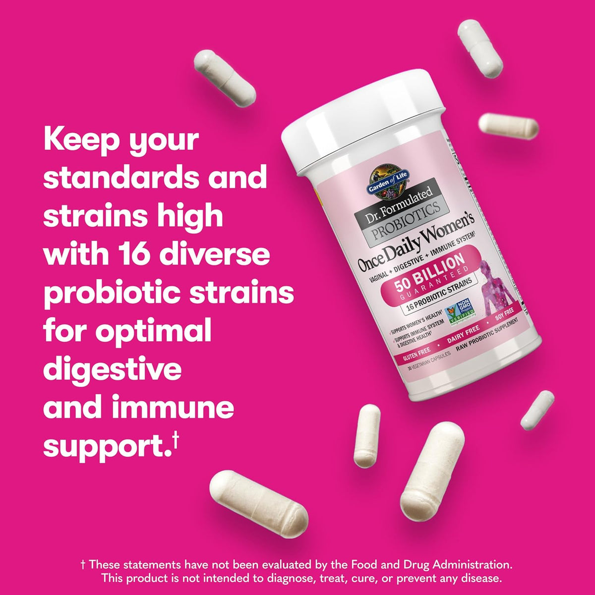 Garden of Life Once Daily Dr. Formulated Probiotics for Women 50 Billion CFU 16 Probiotic Strains with Organic Prebiotics for Digestive, Vaginal &amp; Immune Health, Dairy Free, Shelf Stable 30 Capsules