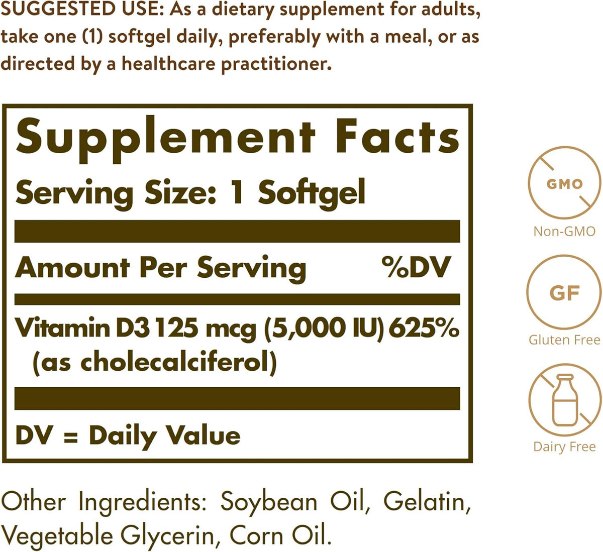 Solgar Vitamin D3 (Cholecalciferol) 125 MCG (5000 IU), 100 Softgels - Helps Maintain Healthy Bones &amp; Teeth - Immune System Support - Non GMO, Gluten-Free, Dairy Free - 100 Servings