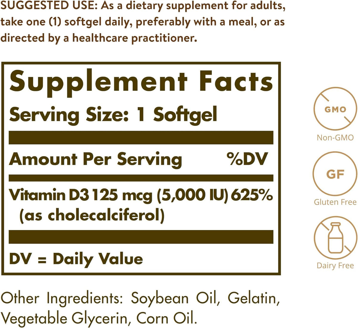 Solgar Vitamin D3 (Cholecalciferol) 125 mcg (5000 IU), 100 Softgels - Helps Maintain Healthy Bones &amp; Teeth - Immune System Support - Non-GMO, Gluten Free, Dairy Free - 100 Servings
