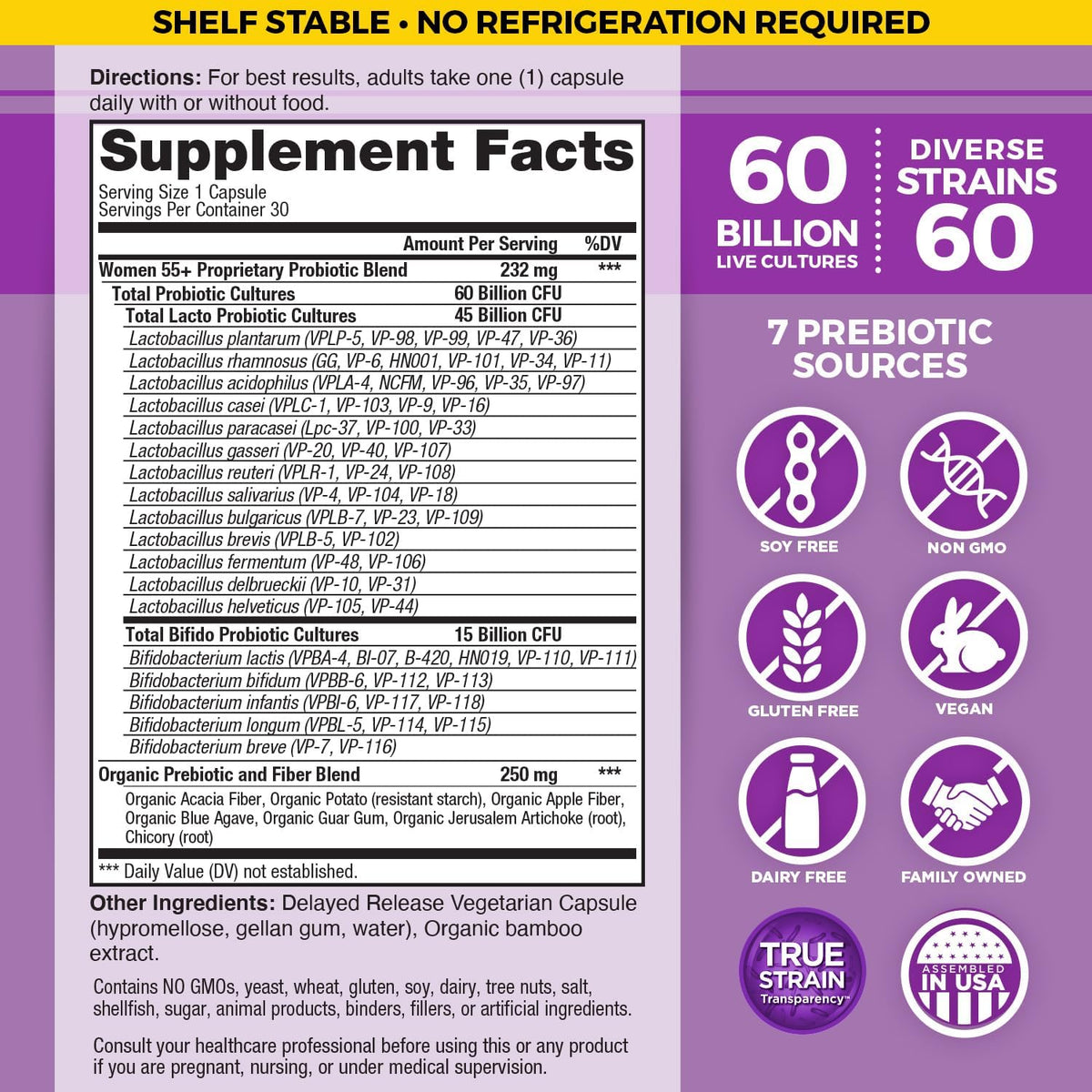 Vital Planet - Vital Flora Women 55+ Daily Shelf Stable Probiotic Supplement with 60 Billion Cultures and 60 Strains, Immune and Digestive Support Probiotics for Women with Prebiotic fiber, 30 Capsule