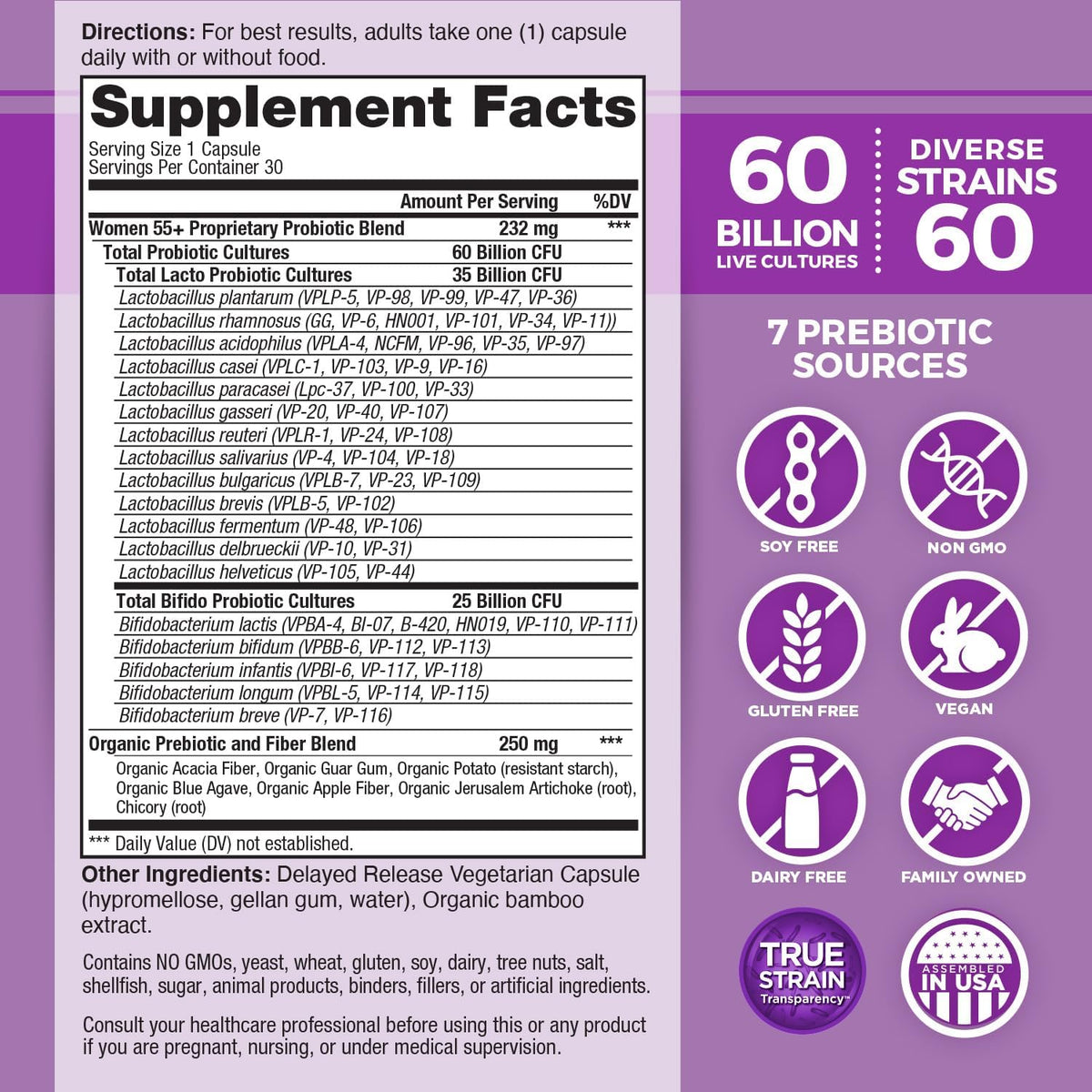 Vital Planet - Vital Flora Women Over 55 Daily Probiotic, 60 Billion CFU, Diverse Strains, Organic Prebiotics, Vaginal and Immune Support, Digestive Health Probiotics for Women 30 Capsules