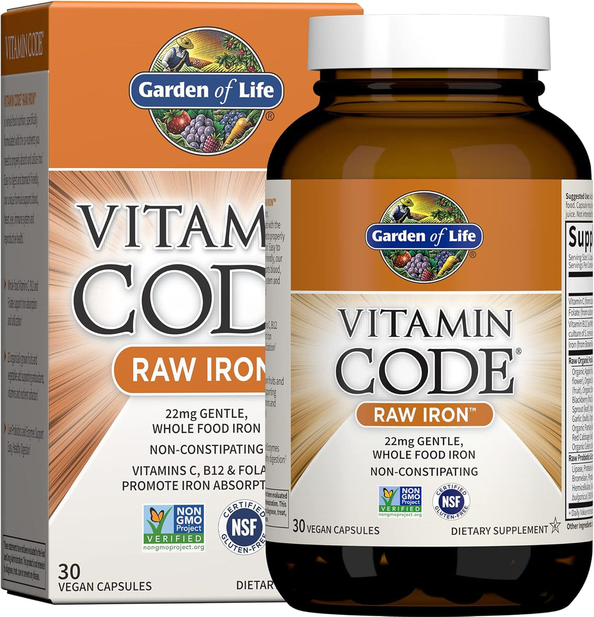 Garden of Life Vitamin Code Raw Iron Supplement - 30 Vegan Capsules, 22mg Once Daily Iron, Vitamins C, B12, Folate, Fruit, Veggies &amp; Probiotics, Iron Supplements for Women, Energy &amp; Anemia Support