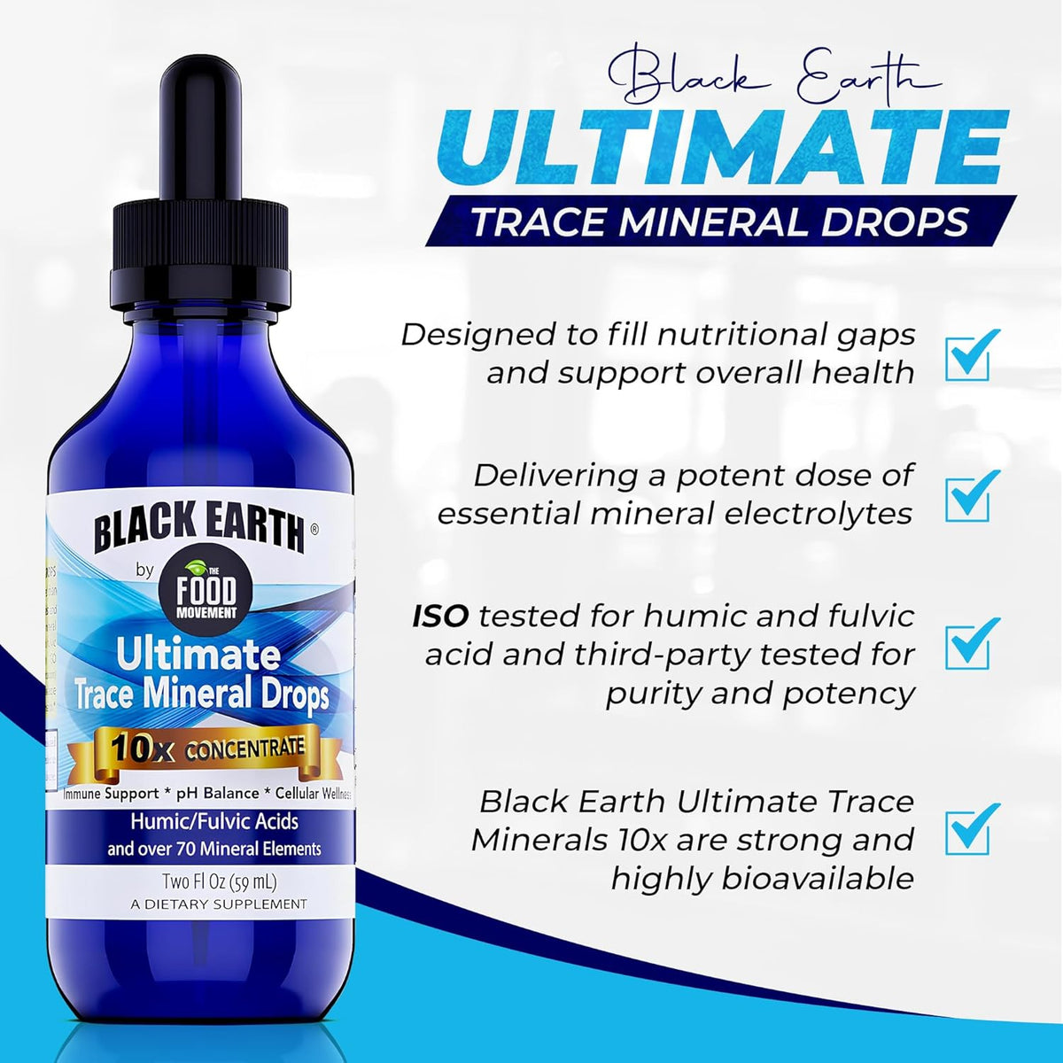 The Food Movement Co. Black Earth Ultimate Trace Minerals 10x Strength, Fulvic Acid &amp; Humic Acid, Non GMO Vegan Dropper, 1 Ounce - Ideal Supplement for Athletes
