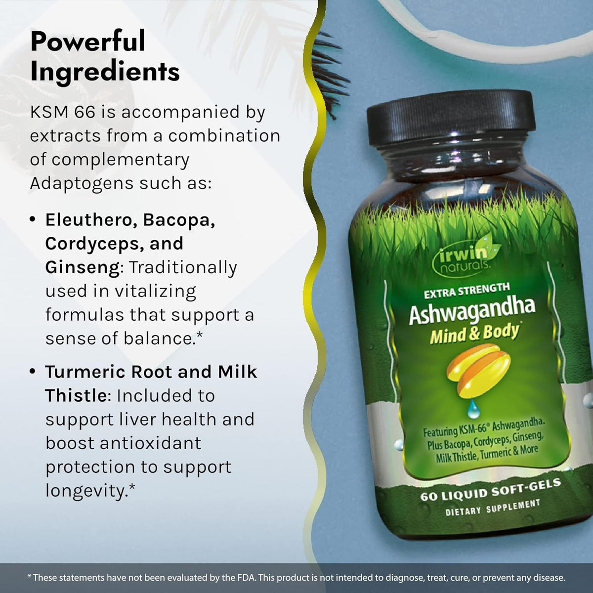 Irwin Naturals Extra Strength Ashwagandha Mind &amp; Body Adaptogenic Herbs Supports Stress Response, Mood, Mental &amp; Physical Performance with Cordyceps, Turmeric, BioPerine &amp; More - 60 Liquid Softgels