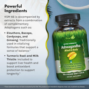 Irwin Naturals Extra Strength Ashwagandha Mind & Body Adaptogenic Herbs Supports Stress Response, Mood, Mental & Physical Performance with Cordyceps, Turmeric, BioPerine & More - 60 Liquid Softgels