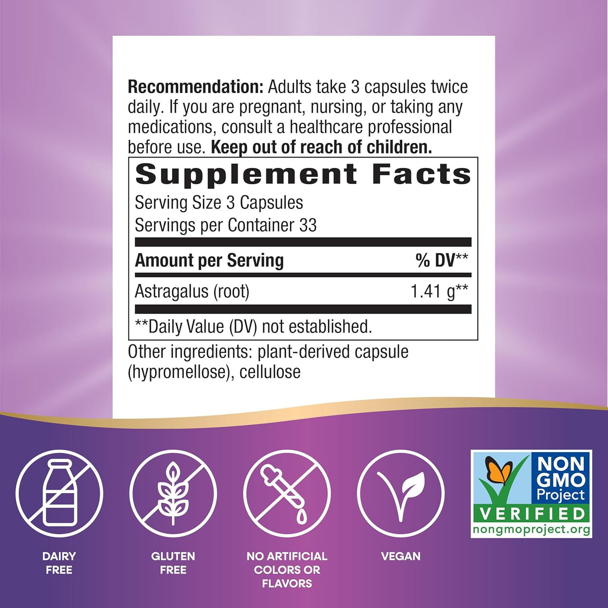 Nature&#39;s Way Astragalus Root, Traditional Immune Support*, 1,410 mg per 3-Capsule Serving, Non-GMO Project Verified, Vegan, 100 Capsules