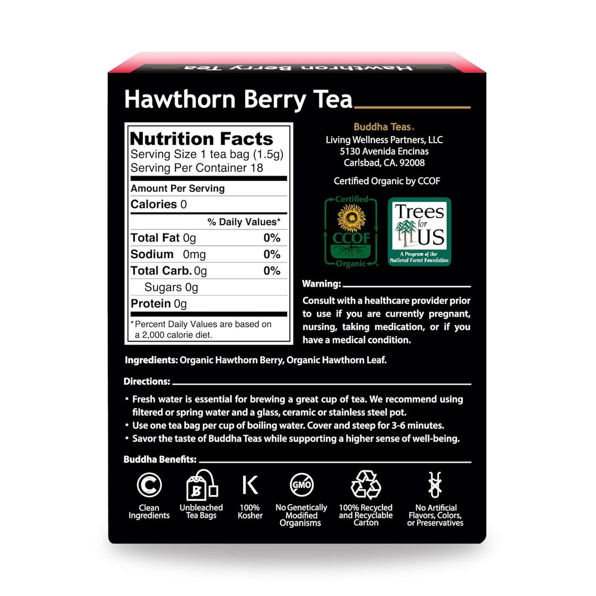 Organic Hawthorn Berry Tea - Kosher, Caffeine-Free, GMO-Free - 18 Bleach-Free Tea Bags