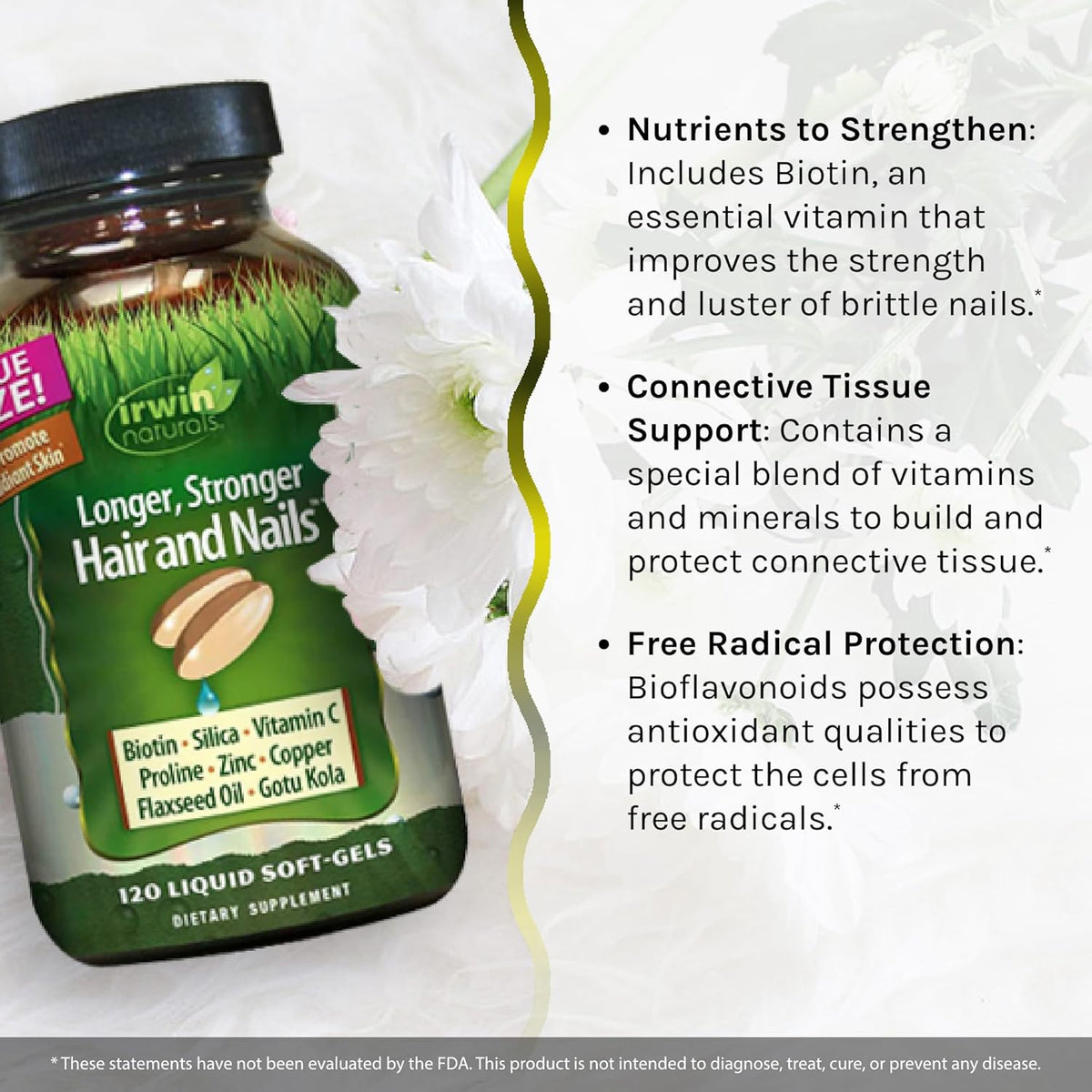 Irwin Naturals Longer, Stronger Hair and Nails - 120 Liquid Softgels - Promotes Vibrant Shine Texture &amp; Strength - 60 Total Servings