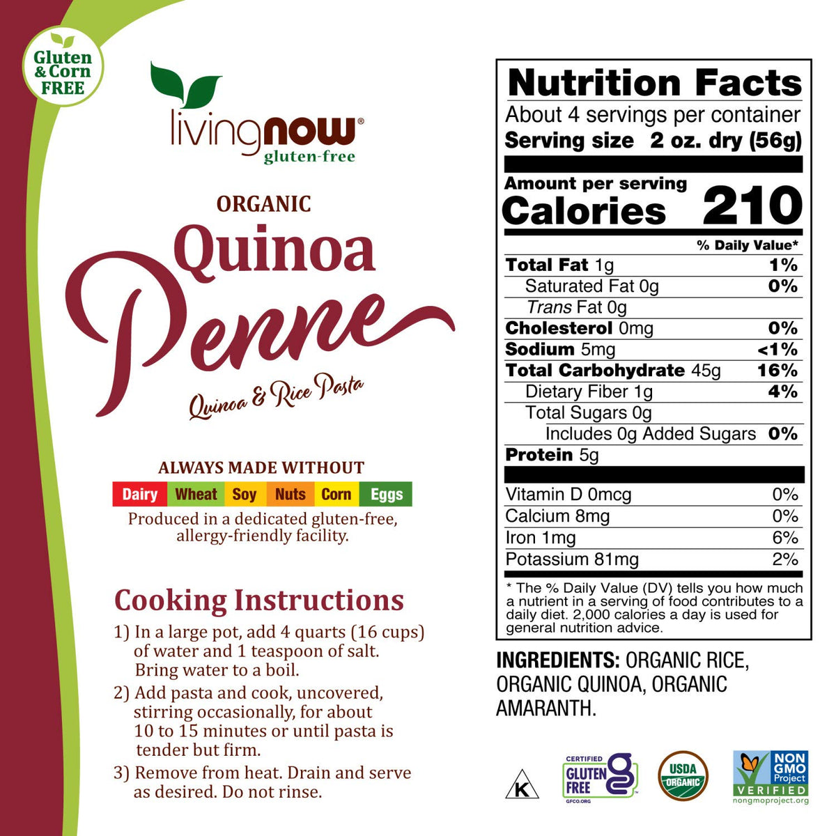 NOW Foods, Organic Quinoa Penne, Gluten-Free, Corn-Free, Non-GMO, Quinoa and Rice Pasta, 8-Ounce