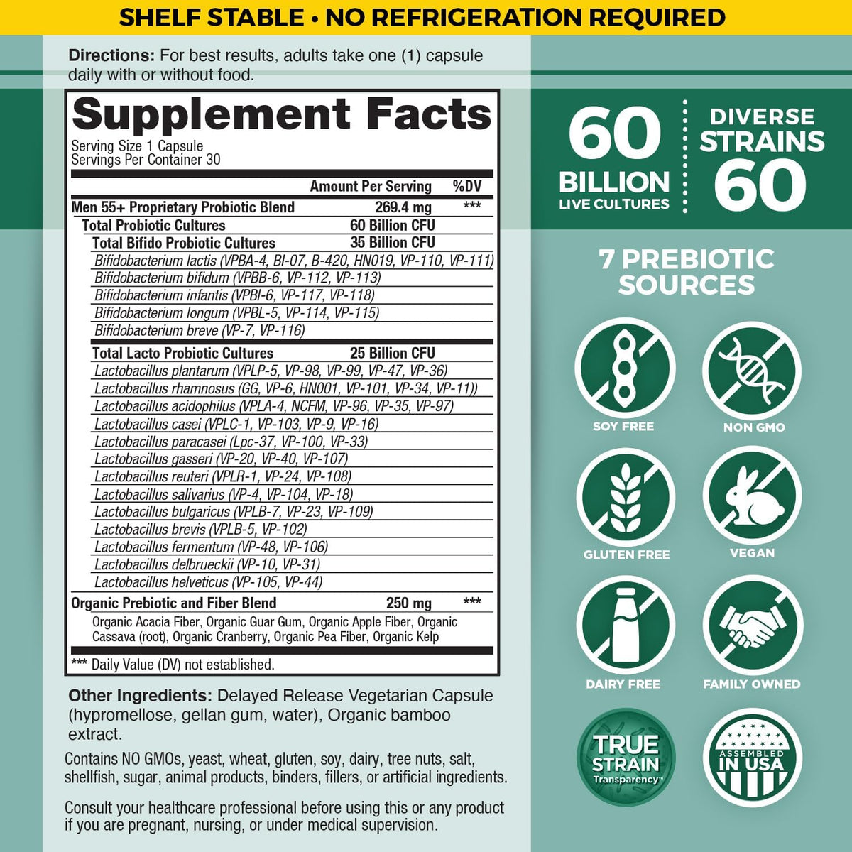 Vital Planet - Vital Flora Men Over 55 Daily Probiotic, 60 Billion CFU, Diverse Strains, Organic Prebiotics, Immune Support, Digestive Health Shelf Stable Probiotics for Men, 30 Capsules