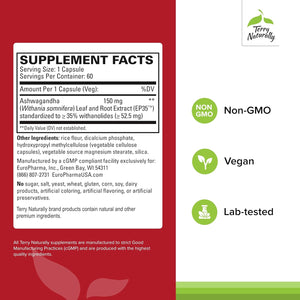 Terry Naturally Ashwagandha EP35 Extra Strength - Herbal Supplement for Sleep Support - Aid Healthy Stress Response - Endurance & Energy Support - 60 Capsules (60 Servings)