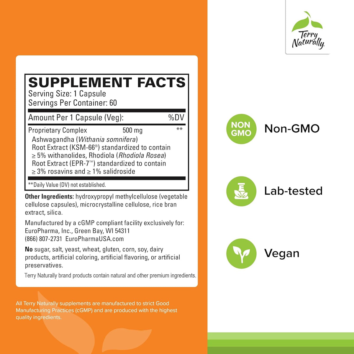 Terry Naturally Adaptra - Supplement to Support Adrenal Health - Ashwagandha Supplement with Rhodiola Rosea Extract - Herbal Supplement to Support Energy &amp; Concentration - 60 Capsules