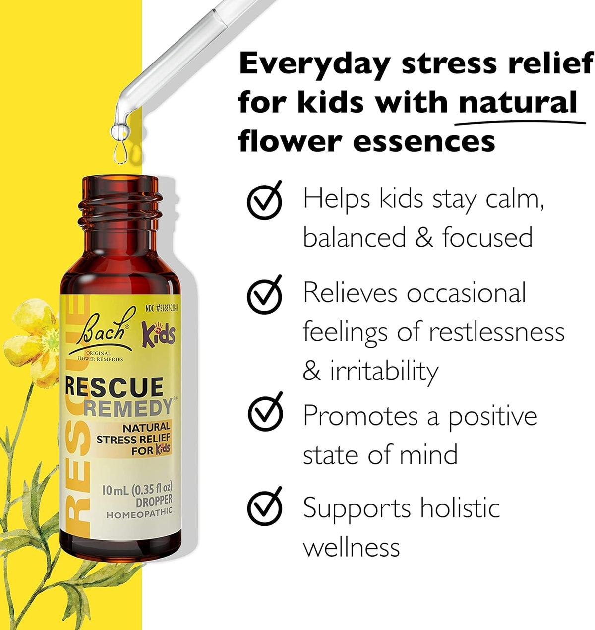 Bach RESCUE REMEDY KIDS Dropper 10mL, Natural Stress Relief, Homeopathic Flower Essence, Vegan, Gluten &amp; Sugar-Free, Kid-friendly, Non-alcohol Formula