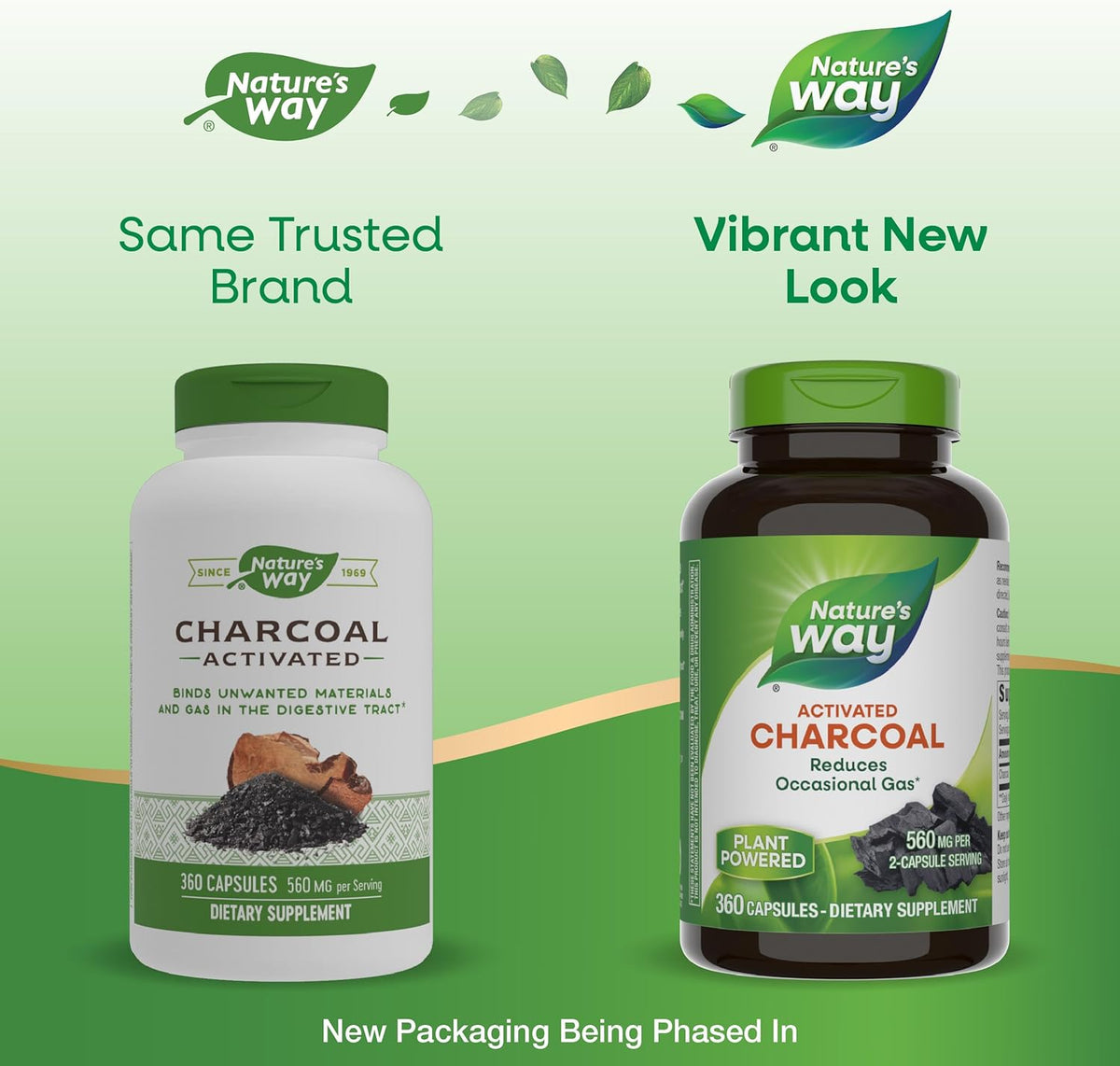 Nature&#39;s Way Activated Charcoal, Binds Unwanted Materials and Gas in the Digestive Tract*, 560 mg per 2-Capsule Serving, 360 Capsules