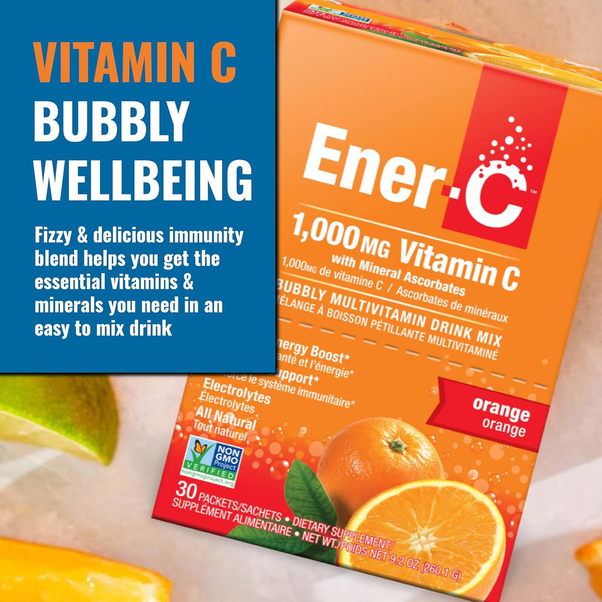 Ener-C Orange Multivitamin Drink Mix Powder Vitamin C 1000mg &amp; Electrolytes with Real Fruit Juice Natural Energy &amp; Immune Support for Women &amp; Men - Non-GMO Vegan &amp; Gluten Free - 30 Count