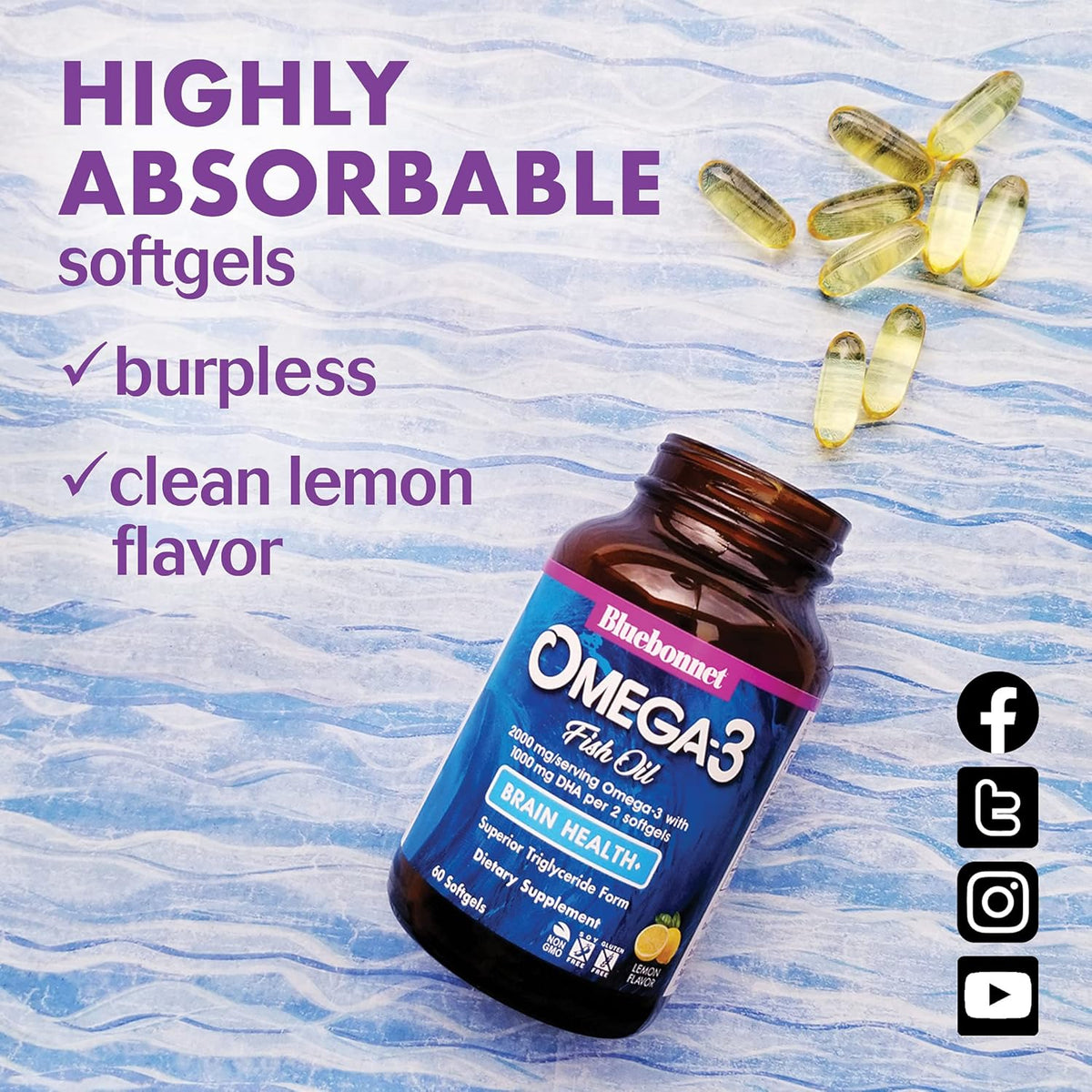 BlueBonnet Nutrition Omega-3 Brain Formula Natural Wild Caught Triglyceride Form DHA 1000 mg EPA 210 mg, Highly Concentrated Cognitive Health &amp; Wellness Support Supplement, Gluten-Free Softgel, Yellow/Clear, Lemon, 120 Count