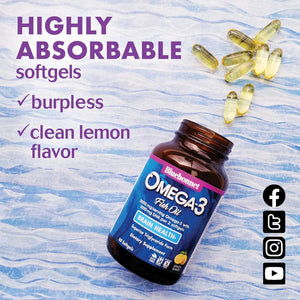 BlueBonnet Nutrition Omega-3 Brain Formula Natural Wild Caught Triglyceride Form DHA 1000 mg EPA 210 mg, Highly Concentrated Cognitive Health & Wellness Support Supplement, Gluten-Free Softgel, Yellow/Clear, Lemon, 120 Count