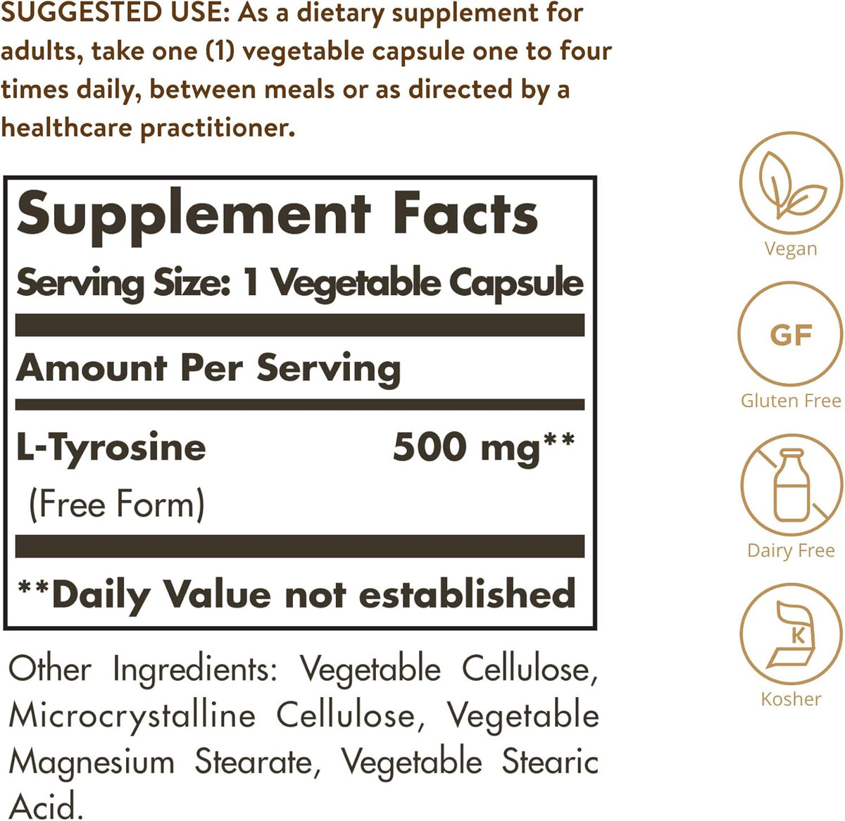 Solgar L-Tyrosine 500 mg, 100 Vegetable Capsules - Brain &amp; Nervous System Support - Vegan, Gluten Free, Dairy Free, Kosher - 100 Servings ,Standard Packaging