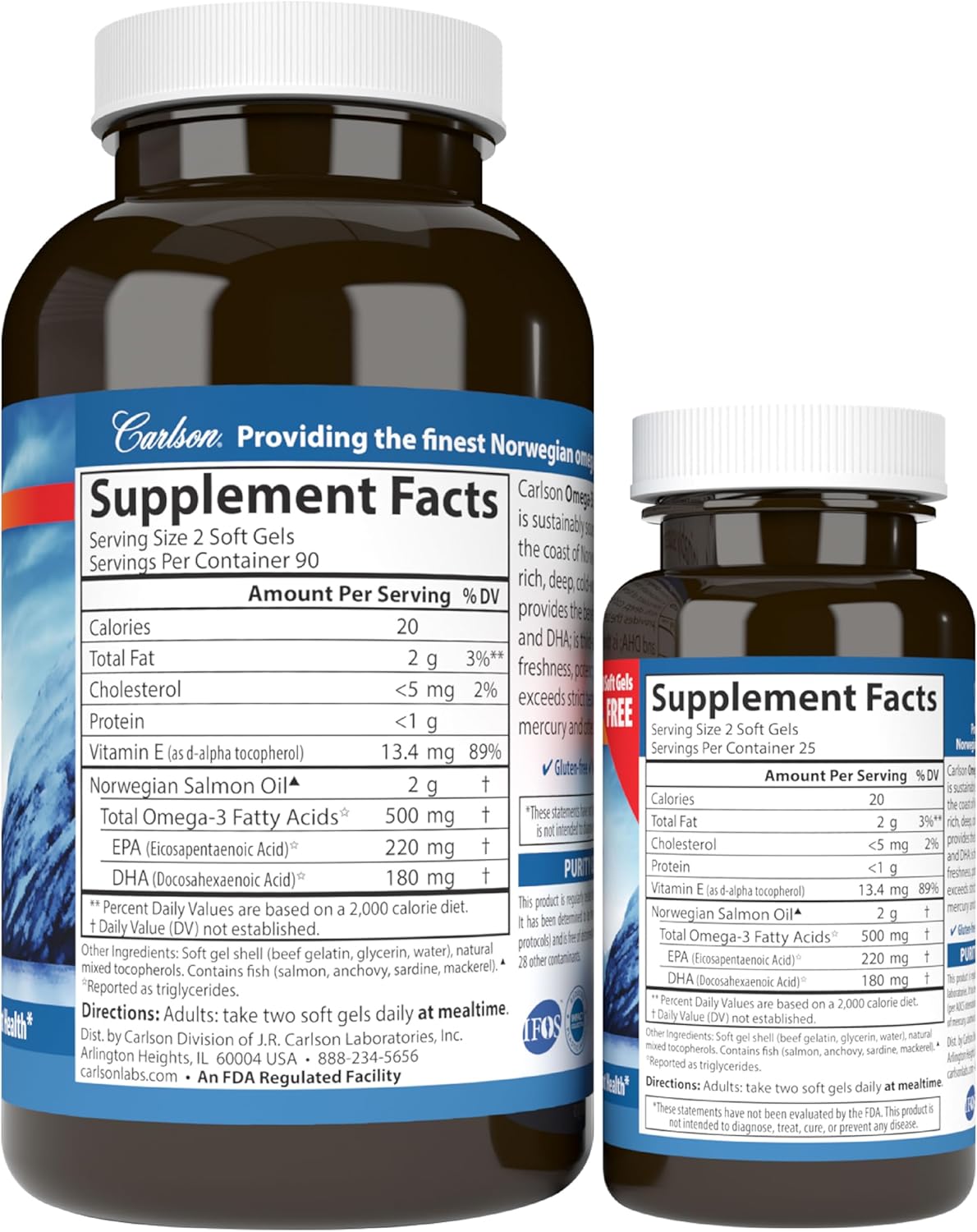 Carlson - Norwegian Salmon Oil, 500 mg Omega-3s, Norwegian Salmon Oil Supplement, Wild Caught Omega 3 Salmon Oil Capsules, Sustainably Sourced, Brain, Heart &amp; Joint Health, 180+50 Softgels