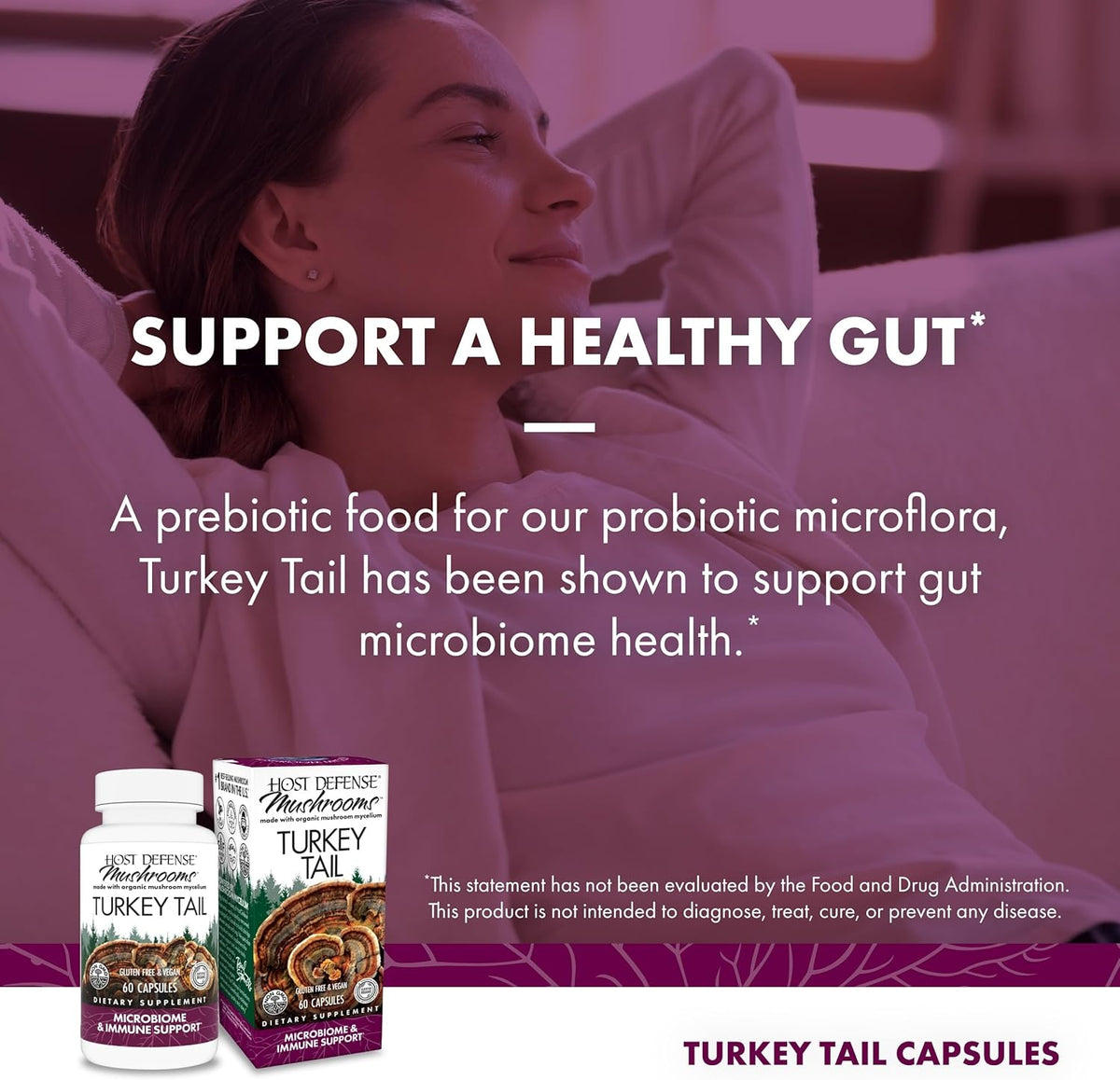 Host Defense Turkey Tail Capsules - Digestive Health & Immune Response Support Supplement - Mushroom Supplement for Gastrointestinal & Gut Microbiome Support - 60 Capsules