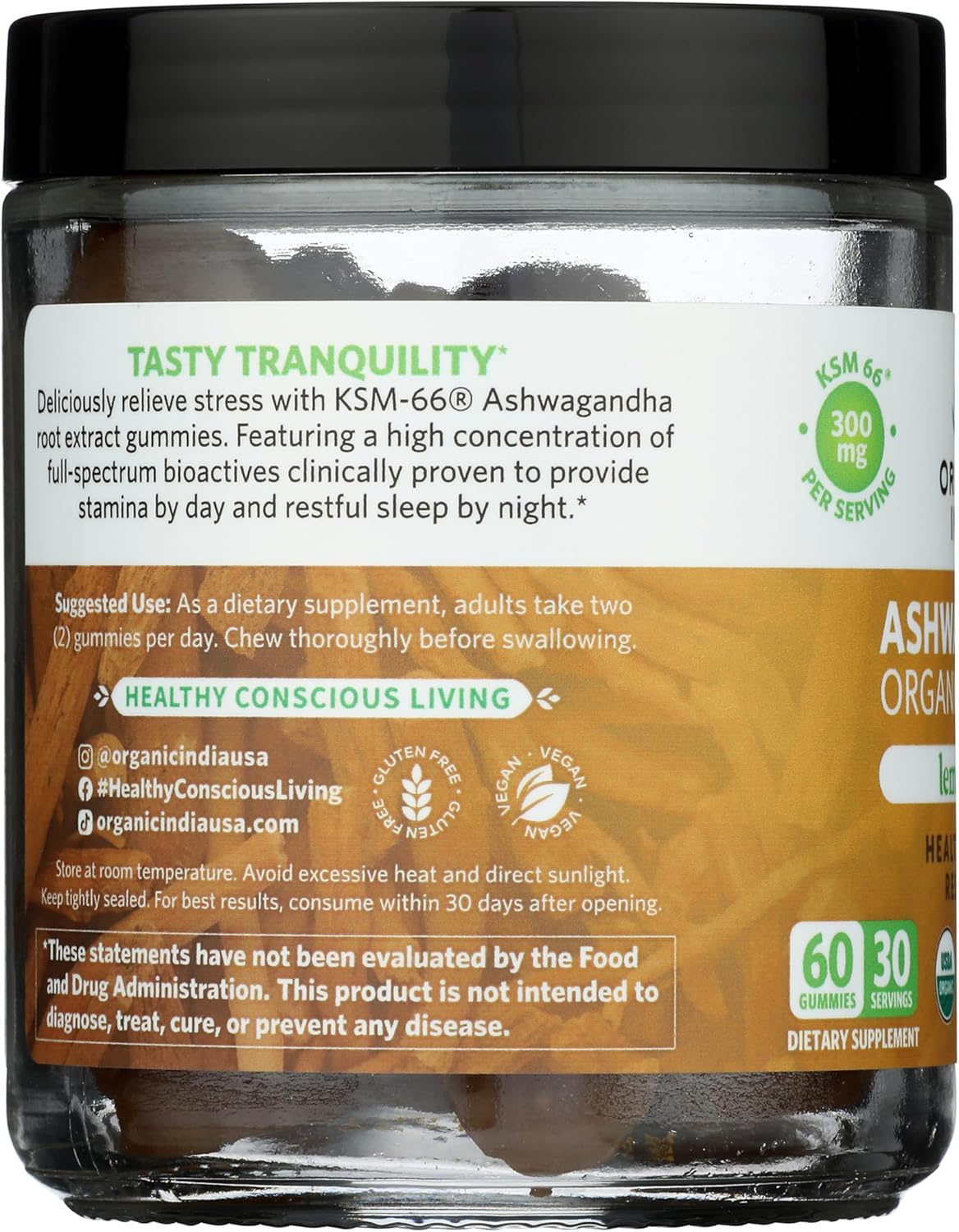 ORGANIC INDIA Ashwagandha Gummies for Men &amp; Women - Stress Supplement, KSM-66 Ashwagandha Root, Extra Strength, Calm Chews, Vegan, Non-GMO - Lemon Lime, 60 Gummies