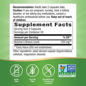 Nature's Way Butcher’s Broom, Traditional Herb, 720 mg per 2-Capsule Serving, Non-GMO Project Verified, 100 Vegan Capsules