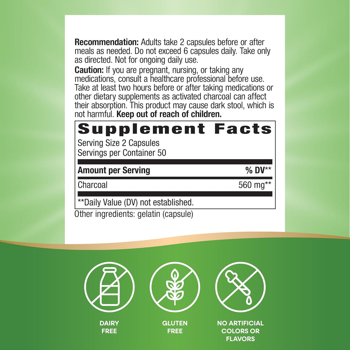 Nature&#39;s Way Activated Charcoal, Binds Unwanted Materials and Gas in the Digestive Tract*, 560 mg per 2-Capsule Serving, 100 Capsules