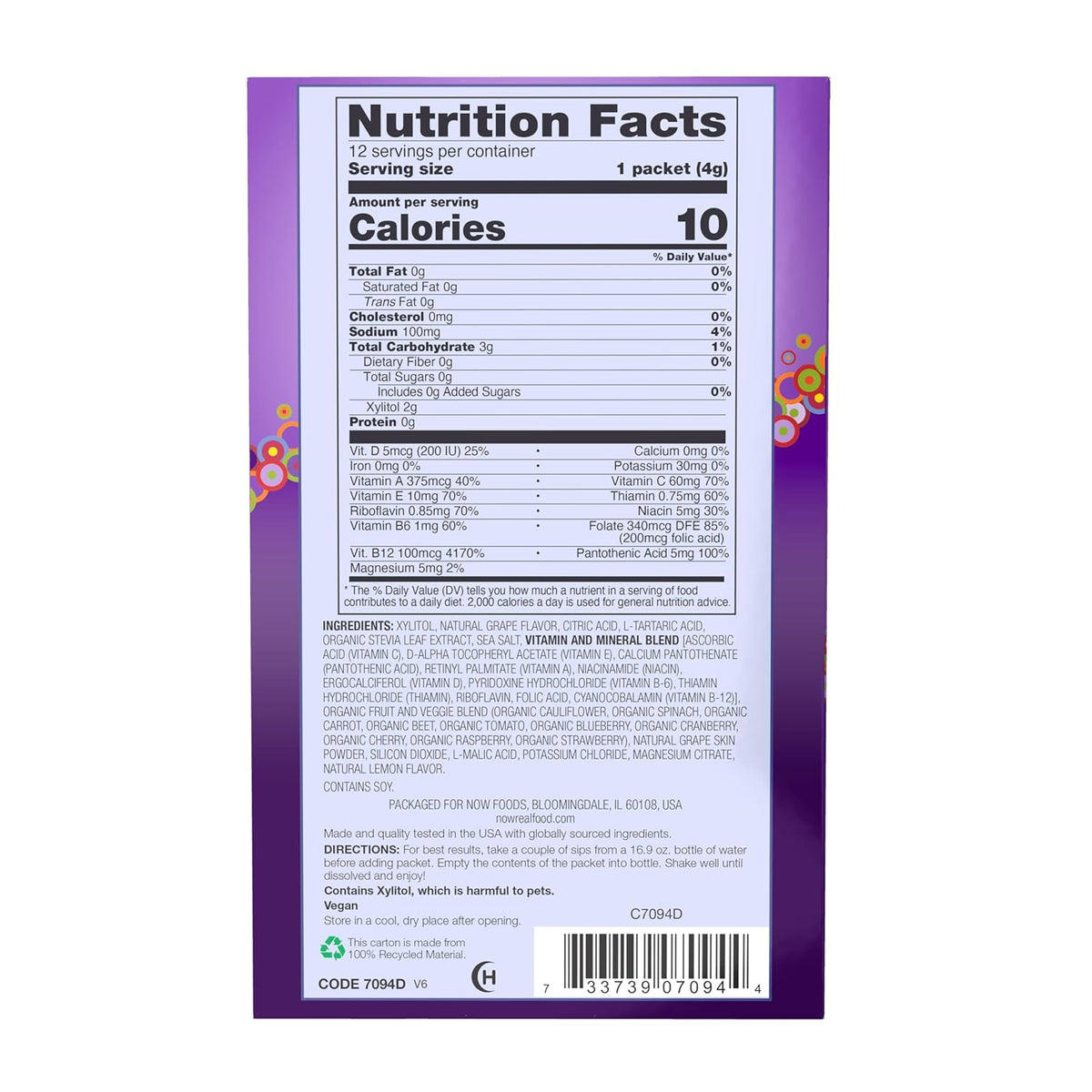 NOW Foods, Slender Sticks, Grape Flavor, Sugar-Free Drink Sticks with Electrolytes for Your Active Lifestyle, 10 Calories/Stick, 12/Box