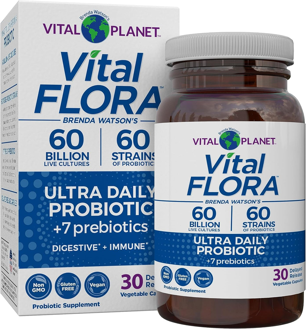 Vital Planet - Vital Flora Ultra Daily Probiotic Supplement with 60 Billion Cultures and 60 Strains, High Potency and Strain Diversity Probiotics for Women and Men with Organic Prebiotics, 30 Capsules