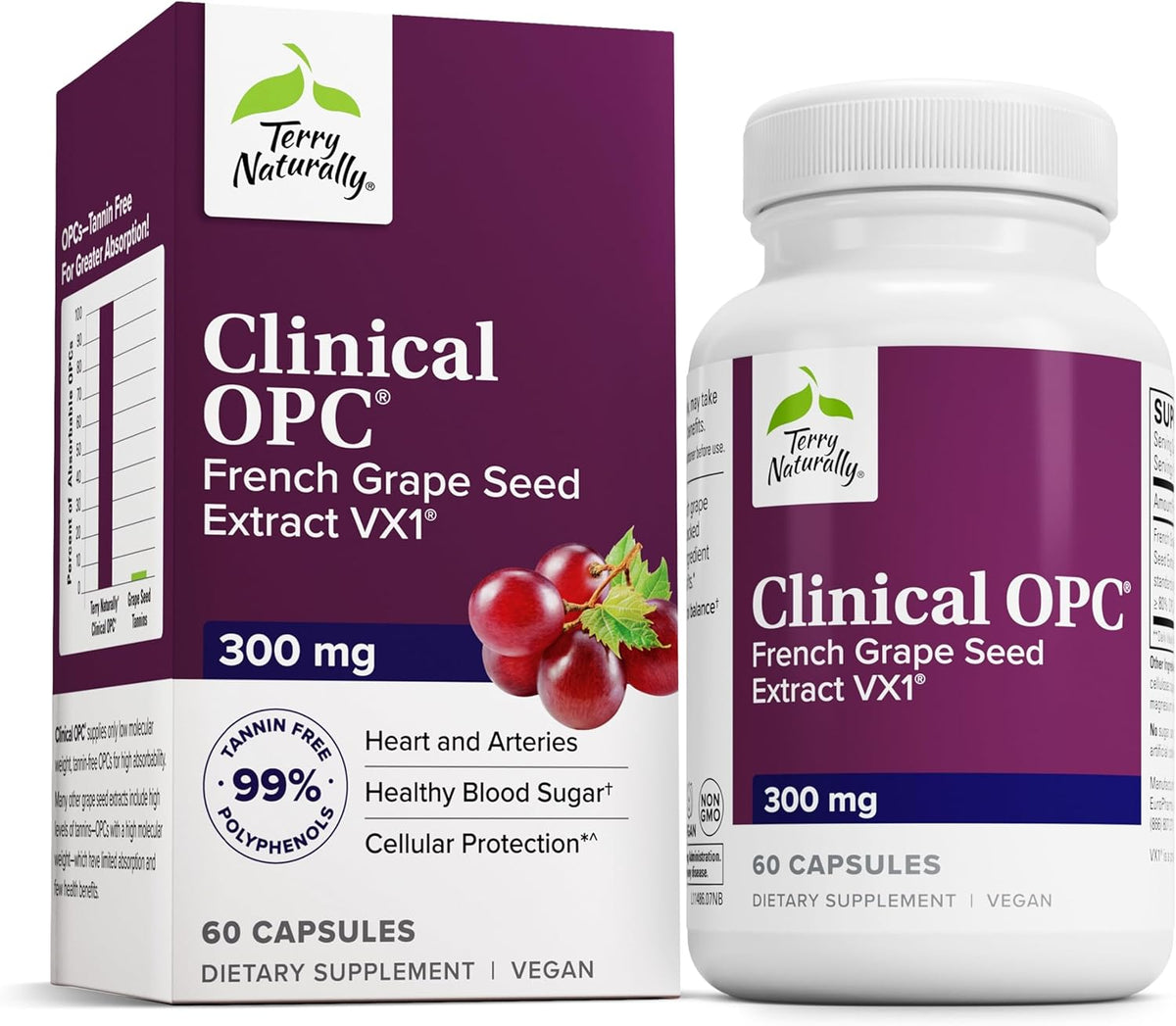 Terry Naturally Clinical OPC - Cardiovascular Health &amp; Focus Support Supplement - Dietary Supplement with Grape Seed Extract &amp; Sunflower Lecithin - Immune Support Supplement - 300 mg, 60 Softgels