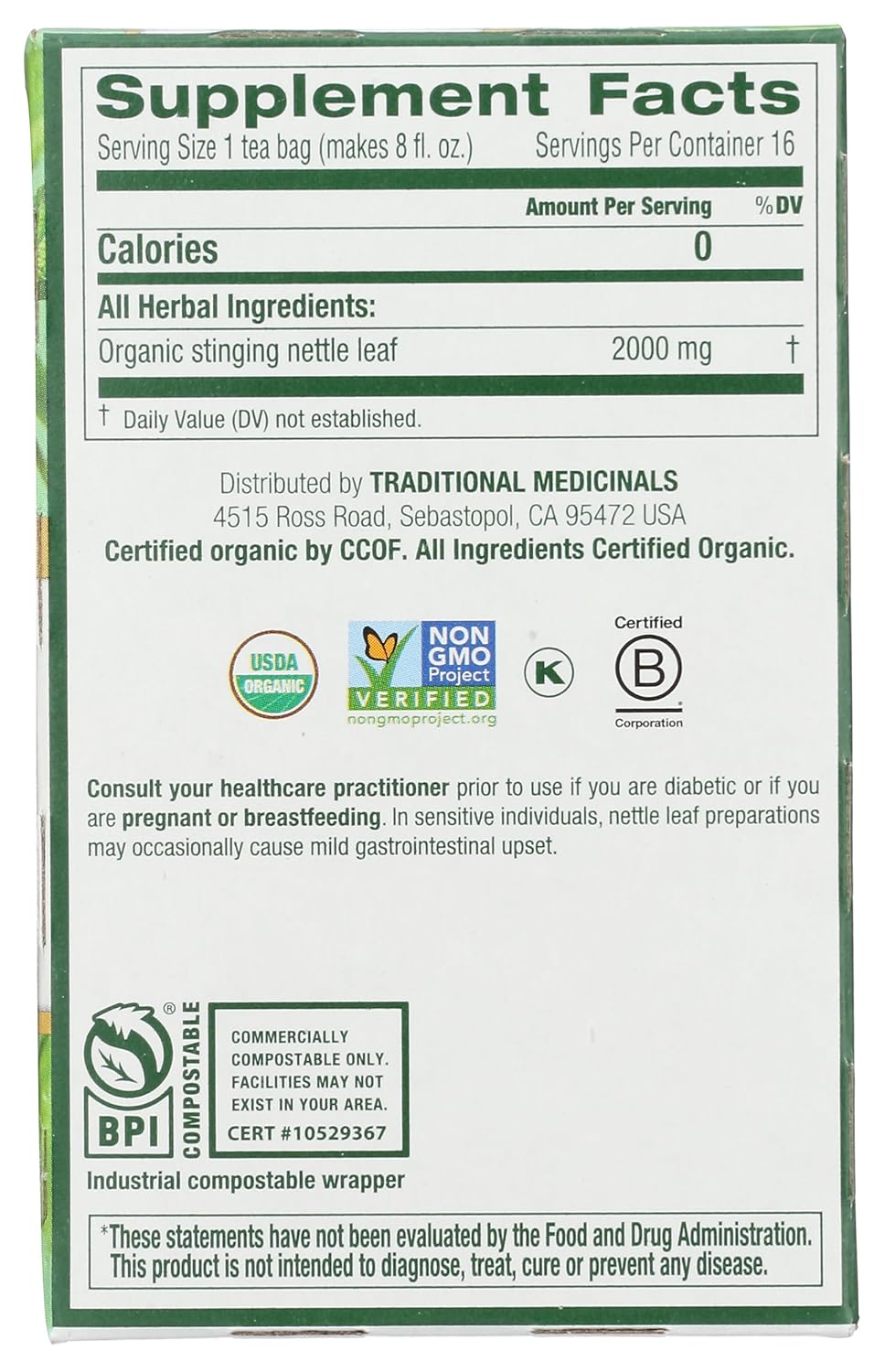 Traditional Medicinals Organic Nettle Leaf Herbal Tea, Supports Joint Health &amp; Overall Wellness- 16 Tea Bags