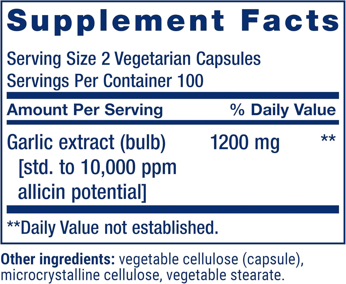 Life Extension Optimized Garlic, standardized Capsules for Heart Health, Immune Support, Cellular detoxification and Healthy platelet Function, Gluten-Free, Non-GMO, Vegetarian, 200 Capsules