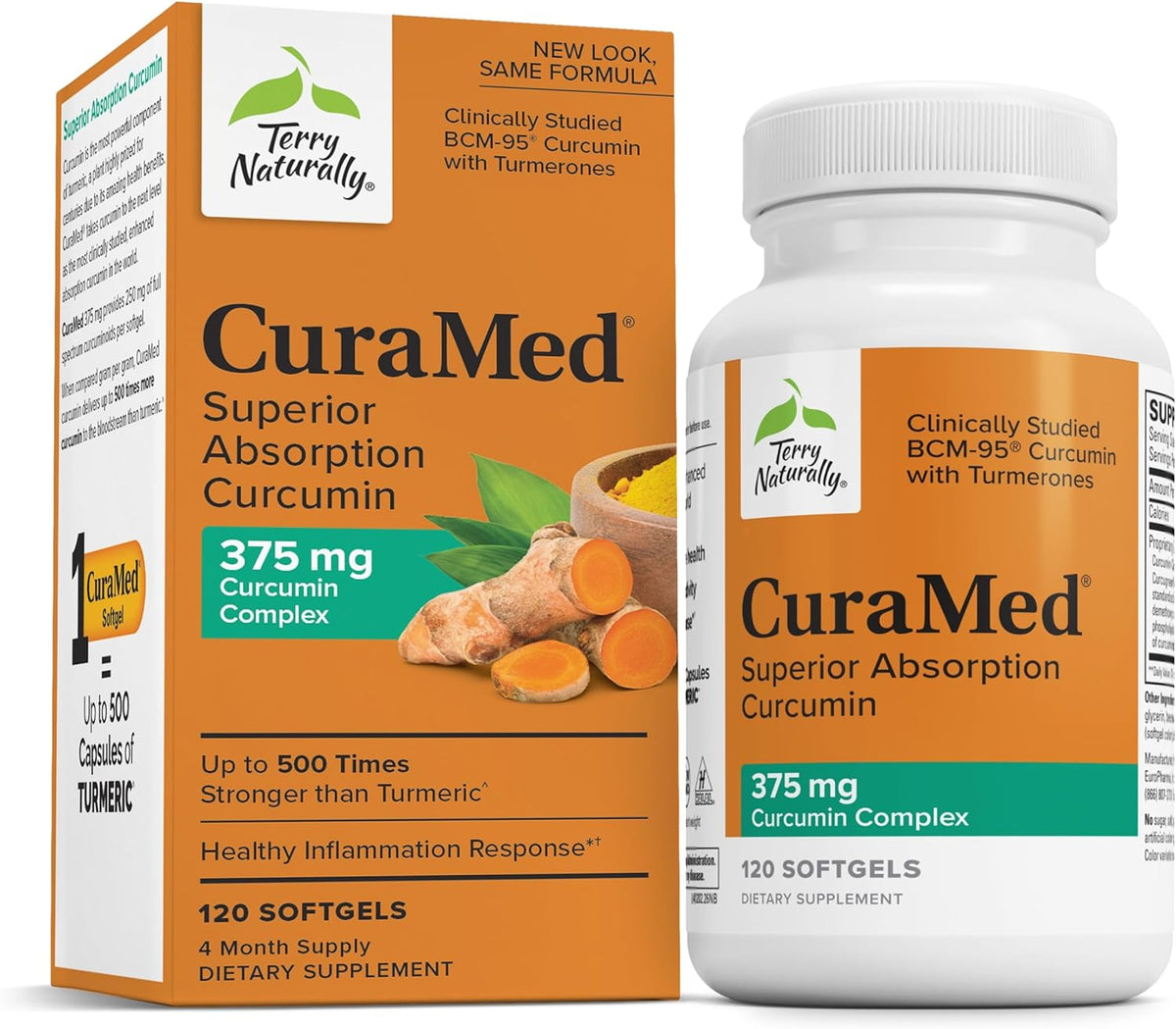 Terry Naturally CuraMed 375mg - Antioxidant Supplement for Brain &amp; Immune Health Support - Dietary Supplement with Curcumin &amp; Turmeric Essential Oil - Herbal Liver Support - 120 Softgels