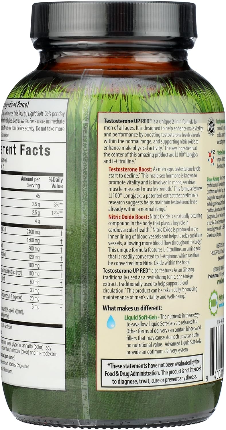 Irwin Naturals Testosterone UP Red with Nitric Oxide Booster, 100 Liquid Soft-Gels