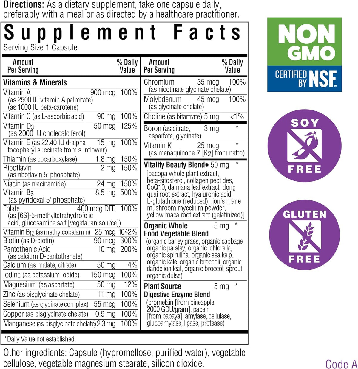 Bluebonnet Nutrition Ladies’ ONE 40+ Whole Food-Bed Multiple, Women Multivitamin for Women 40+, Soy-Free, Non-GMO, Gluten Free, 30 Vegetable Capsules, 30 Servings