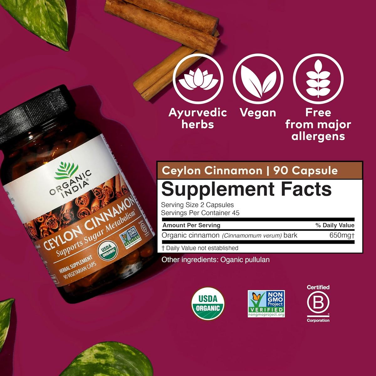 ORGANIC INDIA Ceylon Cinnamon Supplement - Organic Ceylon Cinnamon Capsules, Cinnamon Pills Herbal Supplement, Support Digestion, Source of Antioxidants, USDA Organic, Vegan, Gluten-Free - 90 Capsules