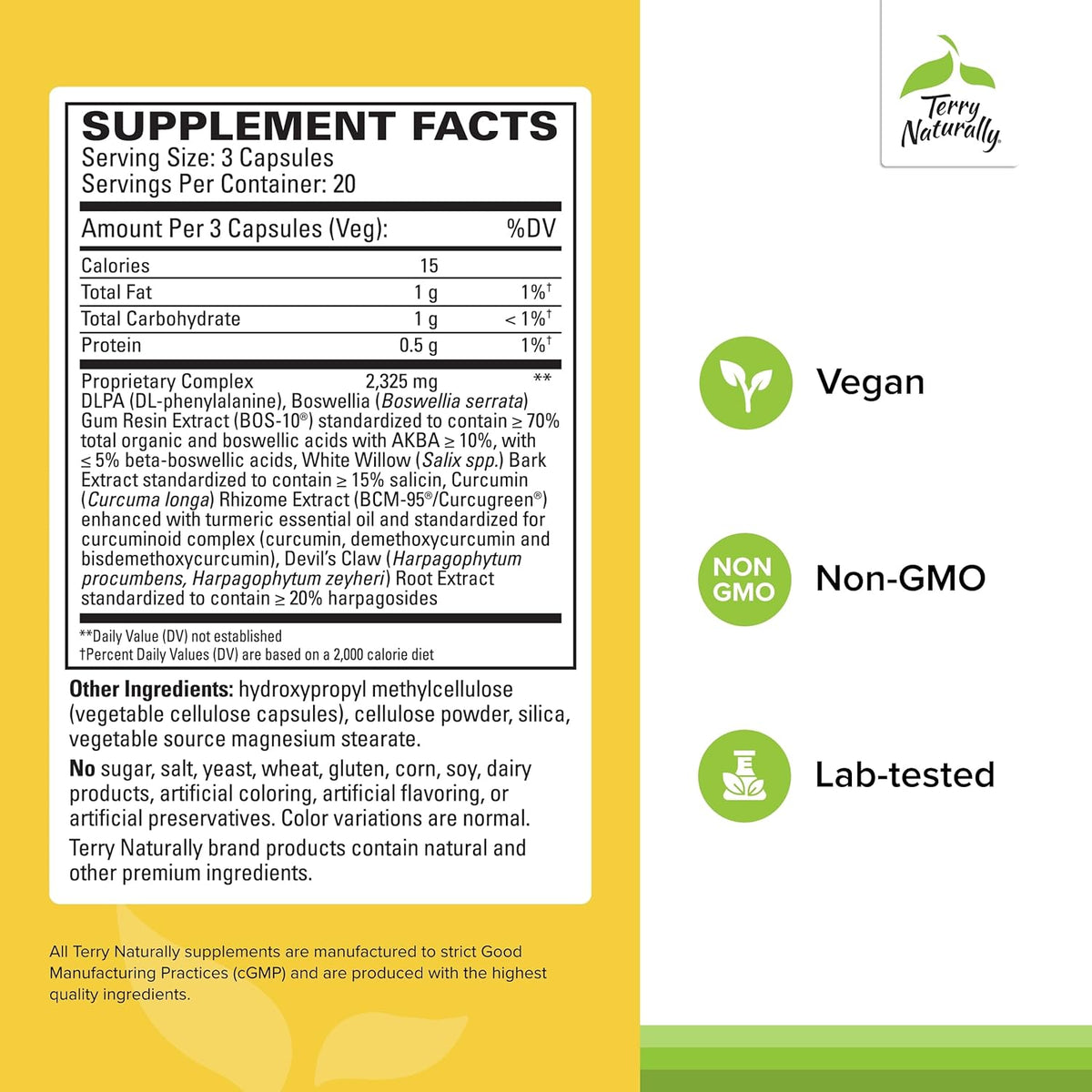 Terry Naturally Curamin Low Back Pain Relief - 60 Capsules - with Curcumin, Boswellia &amp; DLPA - Non-GMO, Vegan, Gluten Free - 20 Total Servings