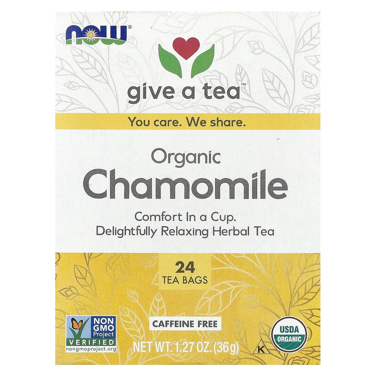 NOW Foods, Chamomile Tea, Comfort in a Cup, Relaxing and Caffeine-Free, Non-GMO, Premium Unbleached Tea Bags with No-Staples Design, 24-Count