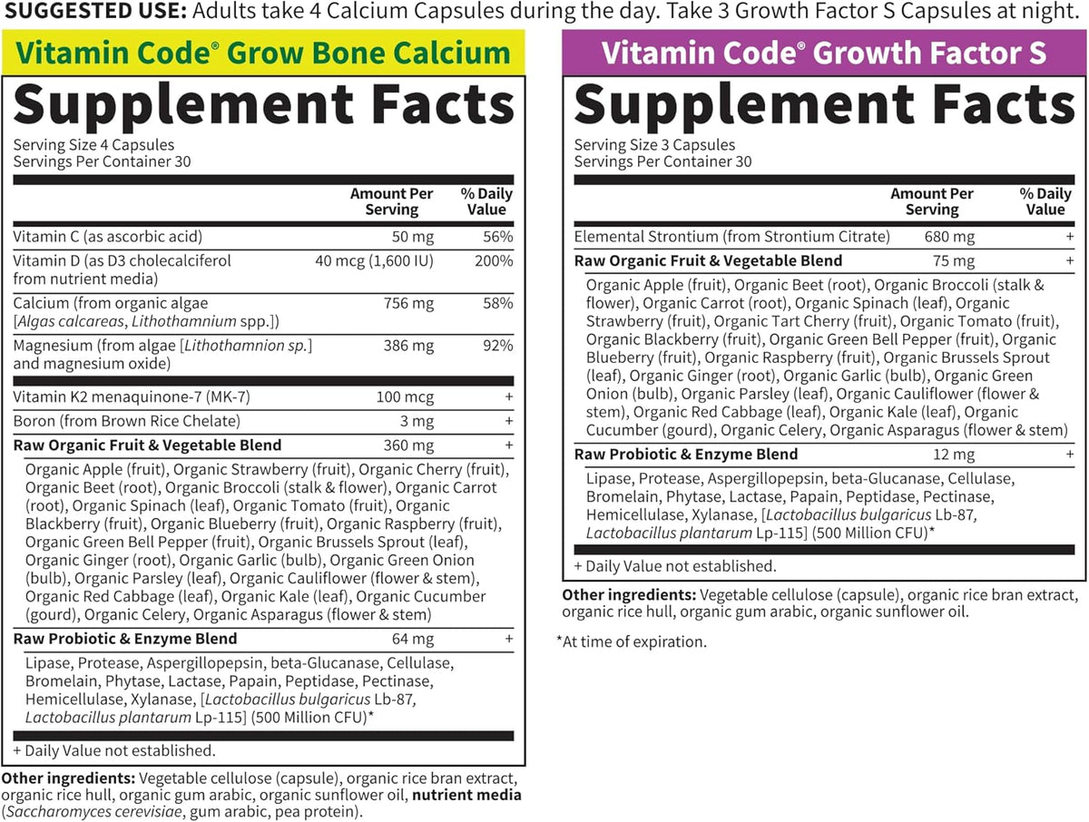 Garden of Life Calcium Supplement - Vitamin Code Grow Bone Made with Whole Foods, Strontium, Magnesium, K2 MK7, Vitamin D3 &amp; C Plus Probiotics for Gut Health, 30 Day Supply