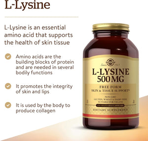 Solgar L-Lysine 500 mg, 250 Vegetable Capsules - Enhanced Absorption & Assimilation - Promotes Integrity of Skin & Lips - Collagen Support - Amino Acids - Non-GMO, Vegan, Gluten Free