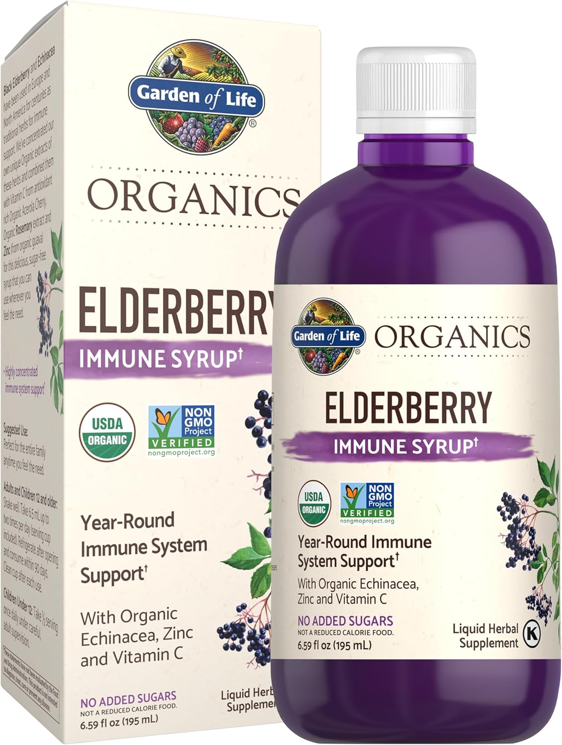 Garden of Life Organics Plant-Based Elderberry Immune Syrup 6.59 fl oz (195 Ml) for Kids &amp; Adults: Sambucus, Echinacea, Zinc &amp; Vitamin C, 0g Sugar, Organic Vegan Gluten Free Herbal Supplement