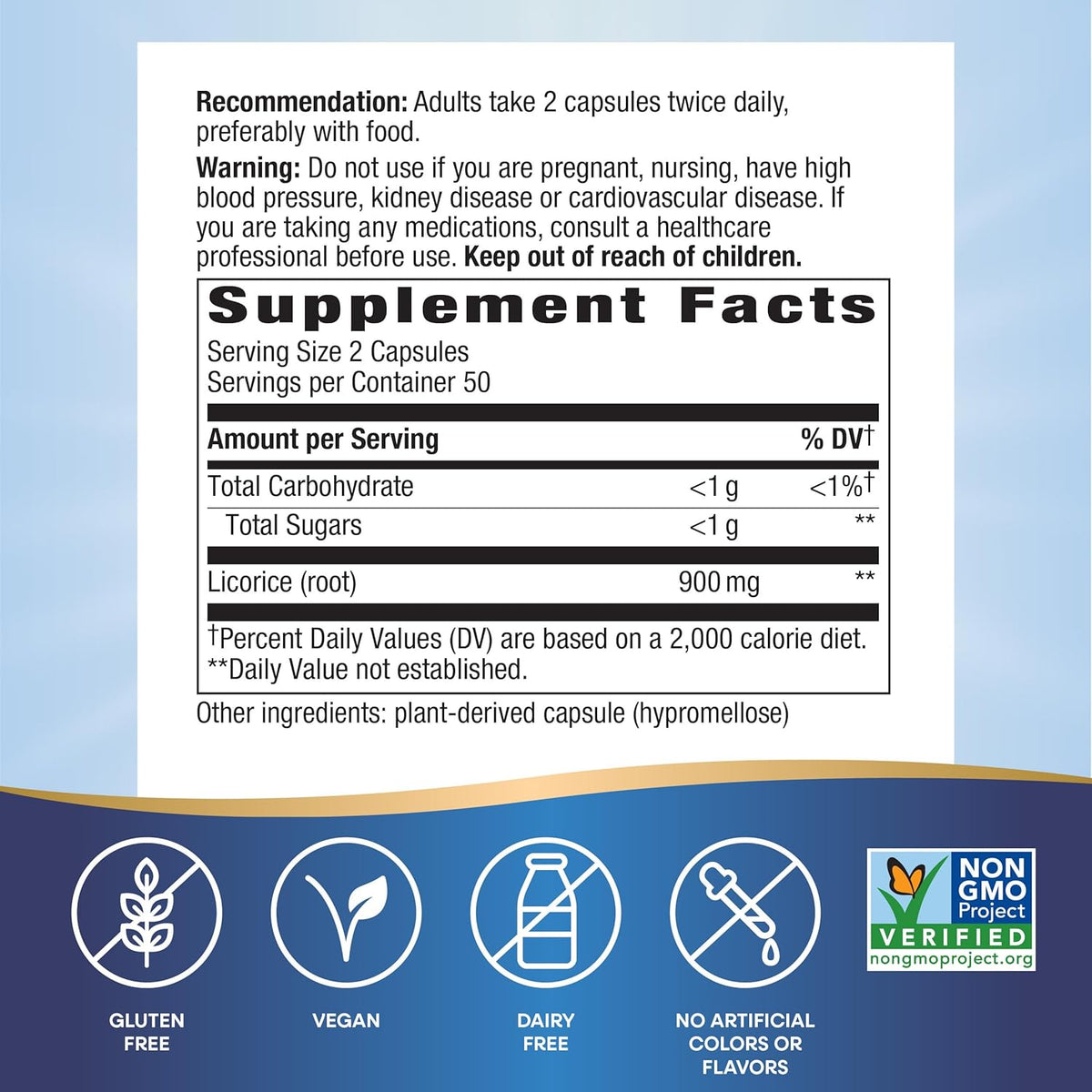 Nature&#39;s Way Licorice Root, Traditional Digestive Support Supplement*, 900 mg per 2-Capsule Serving, Non-GMO Project Verified, 100 Vegan Capsules