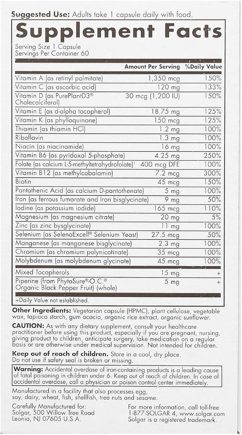 Solgar One Daily Women's Multi Whole Body Support Highly Absorbable Delayed Release Vitamin for Women, Supplement for Immune, Heart, Energy, Stress, Hair Skin Nails & Reproductive Health, 60 Servings