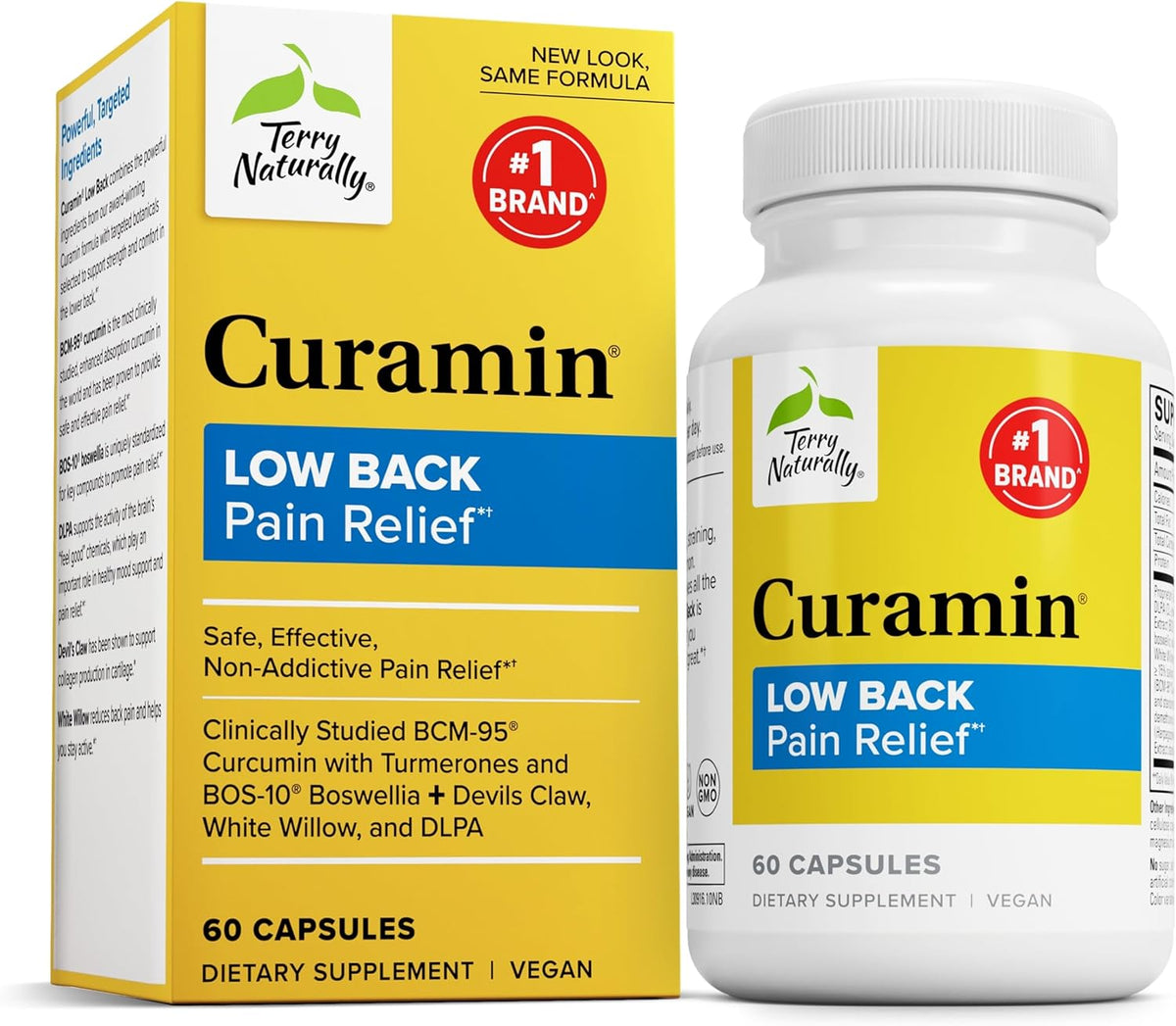 Terry Naturally Curamin Low Back Pain Relief - 60 Capsules - with Curcumin, Boswellia &amp; DLPA - Non-GMO, Vegan, Gluten Free - 20 Total Servings