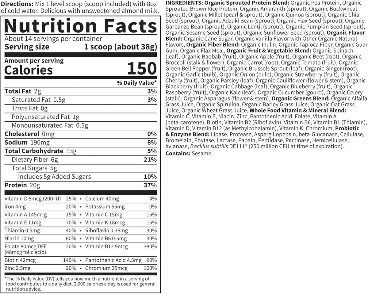 Garden of Life Meal Replacement Shakes, Vegan Protein Powder, Raw Organic Protein Powder, Lightly Sweet Protein Powder with Plant Based Pea Protein, Sprouts, Greens, Probiotics, Dairy Free 14 Servings