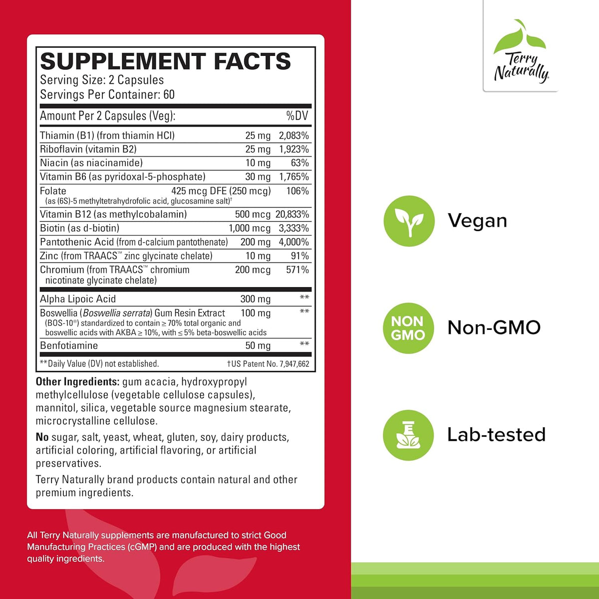 Terry Naturally Healthy Feet &amp; Nerves - Herbal Supplement with Bioactive Vitamin B12 - Circulation &amp; Nerve Health Support Supplement - Vegan Capsules with Boswellia Serrata - 120 Capsules