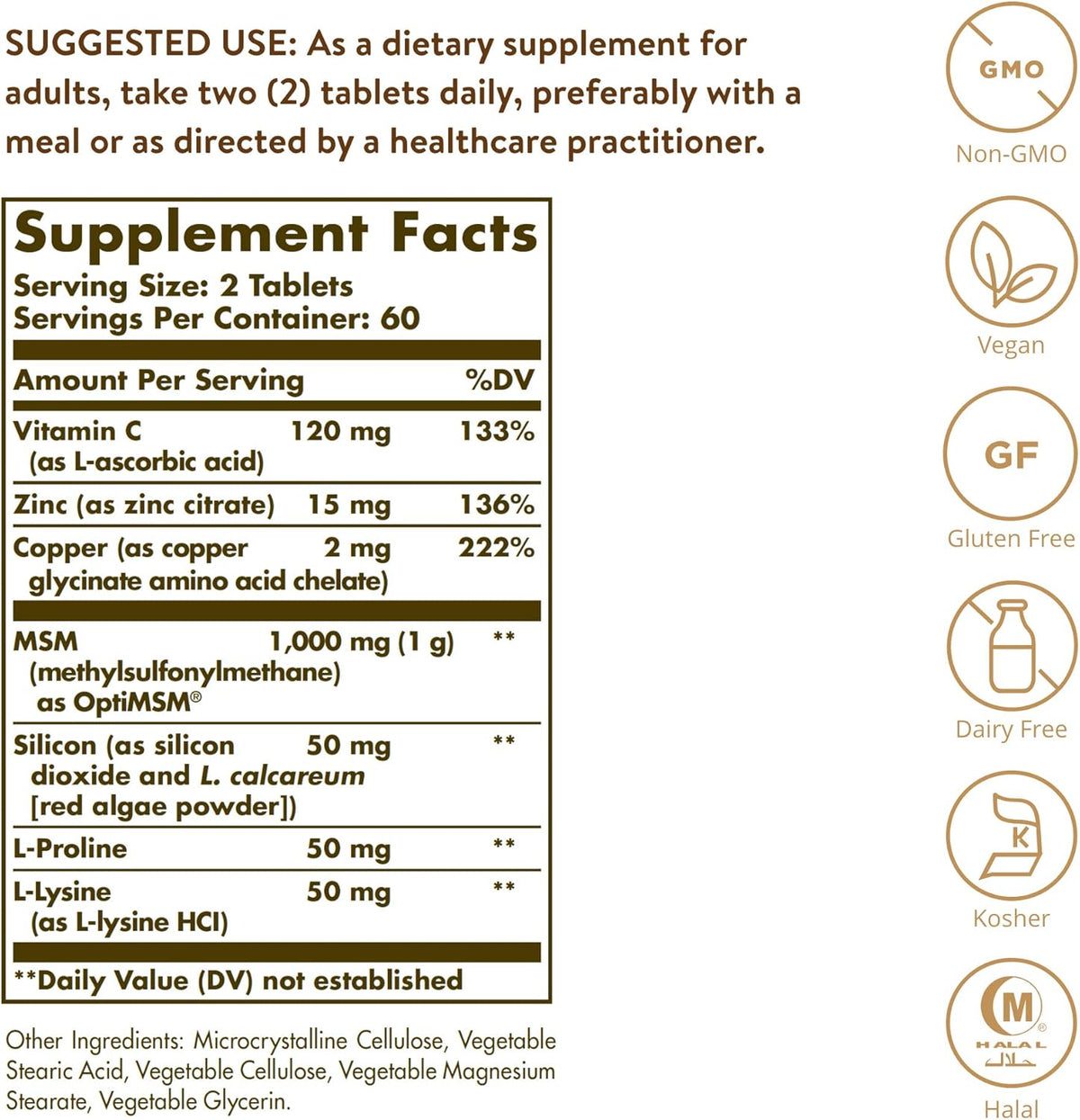 Solgar Skin, Nails &amp; Hair, Advanced MSM Formula, 120 Tablets - Supports Collagen for Hair, Nail and Skin Health - Provides Zinc, Vitamin C &amp; Copper - Non GMO, Vegan, Gluten &amp; Dairy Free - 60 Servings ,Standard Packaging , 120 Count